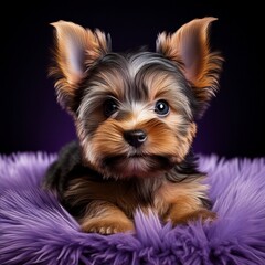Fototapeta premium Yorkshire Terrier auf lila Teppich, schwarzer Hintergrund