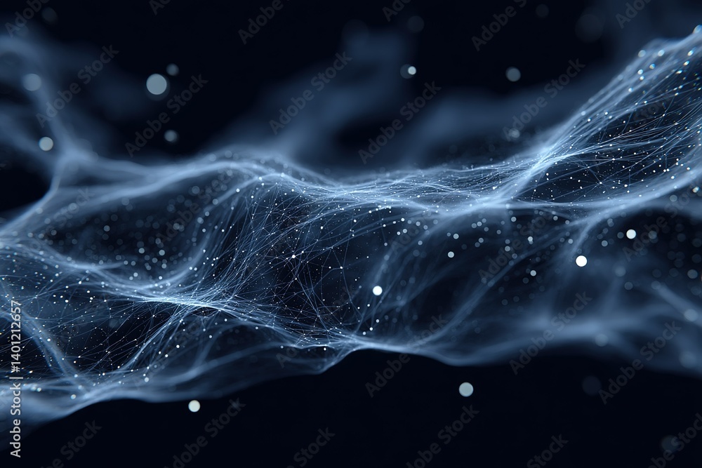 Poster colorful abstract representation of flowing energy wave with glowing particles in dark background