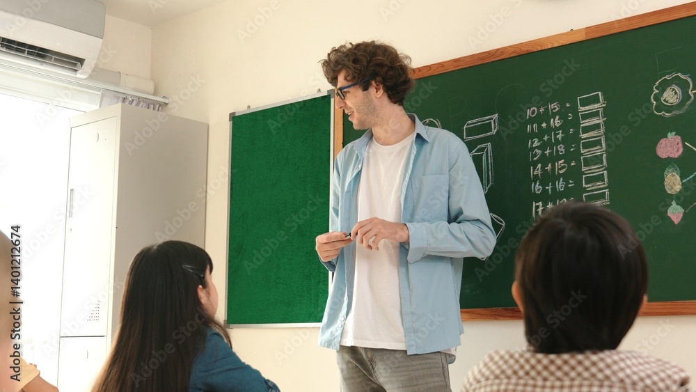 Poster professional mentor looking around classroom while standing in front of blackboard with math formula