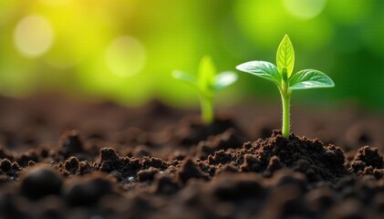 Naklejka premium Close-up of fertilizer granules near tomato seedlings, earth, growth, seedlings