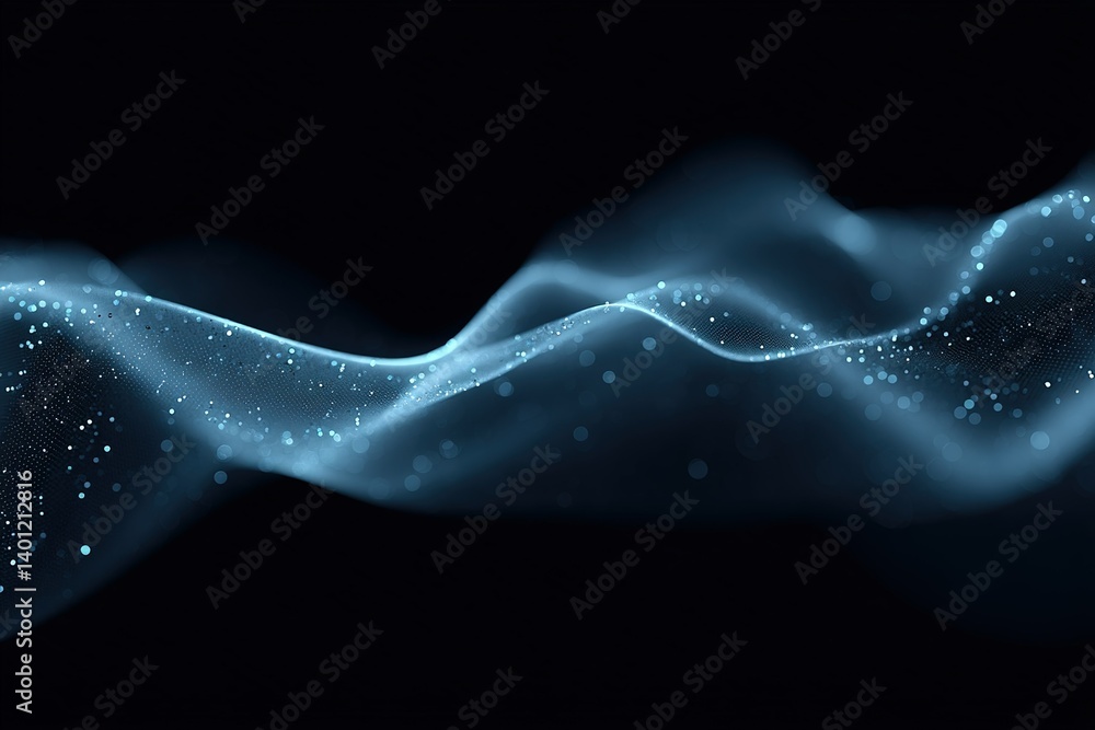 Poster fluid blue waves undulate softly against a dark background illuminated by shimmering light particles