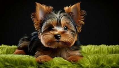 Fototapeta premium Yorkshire Terrier Welpe auf grünem Teppich, schwarzer Hintergrund