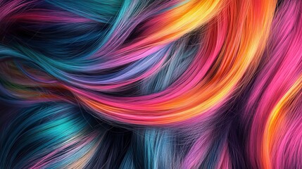 Naklejka premium Close up of vibrant colorful hair strands with shades of pink orange yellow and teal hues flowing gently