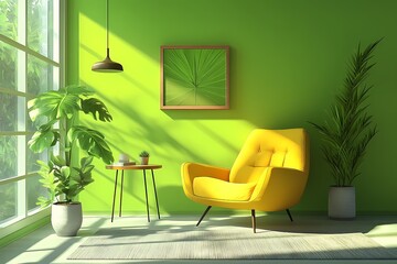 Modern Living Room Interior Design with Green Chair and Yellow Light Enhances Cozy Home Decor with Natural Light and Indoor Plants