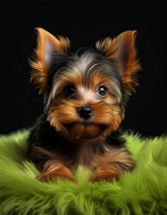 Fototapeta premium Yorkshire Terrier Welpe auf grünem Teppich, schwarzer Hintergrund