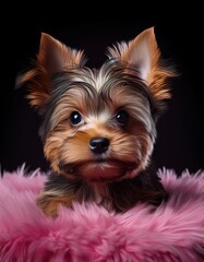 Fototapeta premium Yorkshire Terrier Welpe auf rosa Teppich, schwarzer Hintergrund
