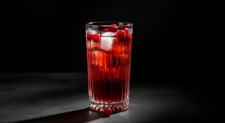 Chilled cranberry cocktail with ice cubes in clear glass on dark background