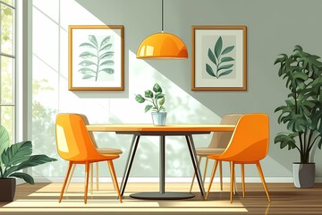 Modern Dining Room Interior Design with Minimalist Style and Orange Decor - Natural Light and Artistic Prints in a Spacious Layout