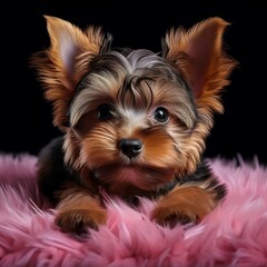 Fototapeta premium Yorkshire Terrier Welpe auf rosa Teppich, schwarzer Hintergrund