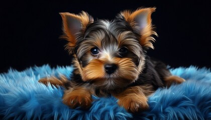 Fototapeta premium Yorshire Terrier auf blauem Teppich, schwarzer Hintergrund