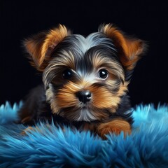Naklejka premium Yorshire Terrier auf blauem Teppich, schwarzer Hintergrund