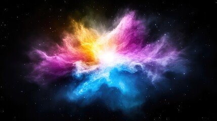 Fototapeta premium Vibrant explosion of colorful nebula in deep space, abstract cosmic art with bright hues of pink, yellow, blue, and purple, and ethereal composition.