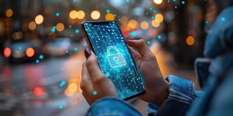 User using mobile phone with digital padlock on internet technology network security with cloud security and data encryption, cybersecurity, Cyber security network. Data protection concept