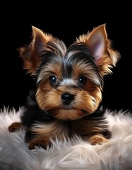 Fototapeta premium Yorkshire Terrier auf weißem Teppich, schwarzer Hintergrund