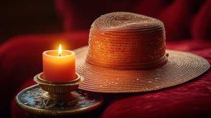Lit candle beside a wet straw hat on a red surface.