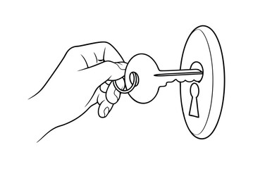 Hand Inserting Key Into Keyhole Illustration Outline Drawing Vector Design