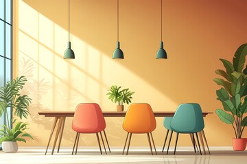Modern Minimalist Home Interior Design: Vibrant, Elegant and Cozy Workspace with Natural Lighting and Greenery
