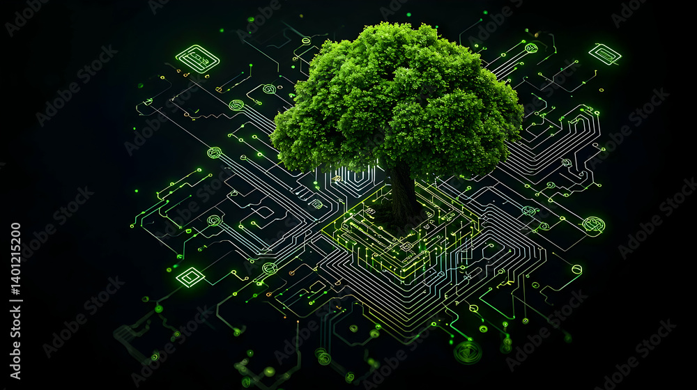 Poster digital green tree in technological circuit background