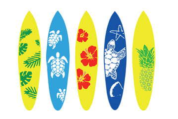 A decorative set of tropical surfboards featuring bright floral patterns. These surfboards carry a Hawaiian vibe and are perfect for summer designs, surfing promotions, and beach party graphics.
