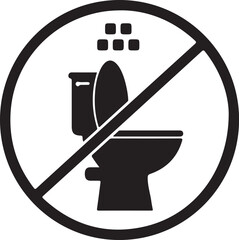 A black and white icon prohibiting flushing solid materials down the toilet useful for public service announcements or plumbing guidelines.