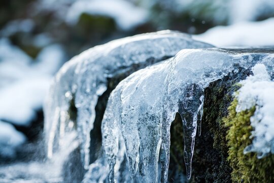 Frozen waterfall cascading over mossy rocks, icy formations glistening in the winter sun. - Powered by Adobe