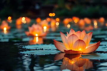 Glowing Lotus Flower Lanterns Floating on Water at Dusk, Peaceful and Serene Evening Scene