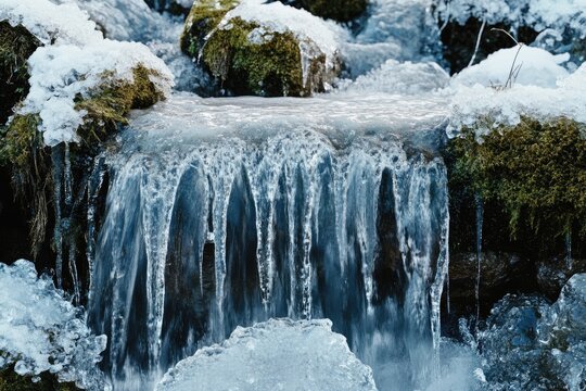 Frozen waterfall cascading over moss-covered rocks in a winter landscape.
