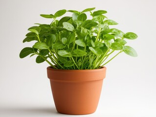 Naklejka premium A vibrant green plant in a terracotta pot, showcasing lush leaves and healthy growth, ideal for indoor decoration or gardening enthusiasts.