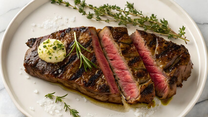 Flat lay of juicy medium-rare steak topped with herb butter and rosemary on a clean background. Ideal for gourmet, meat lovers, and restaurant visuals.

