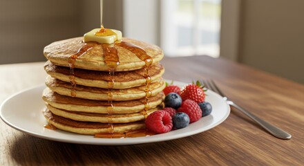 Stack of pancakes with butter syrup and berries on a plate on table.