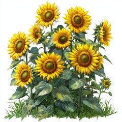 Fototapeta premium Vibrant Sunflower Cluster with Lush Green Leaves and Bright Yellow Petals in a Natural Setting