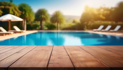empty wooden table in front with blurred background of swimming pool at beach space for montage products