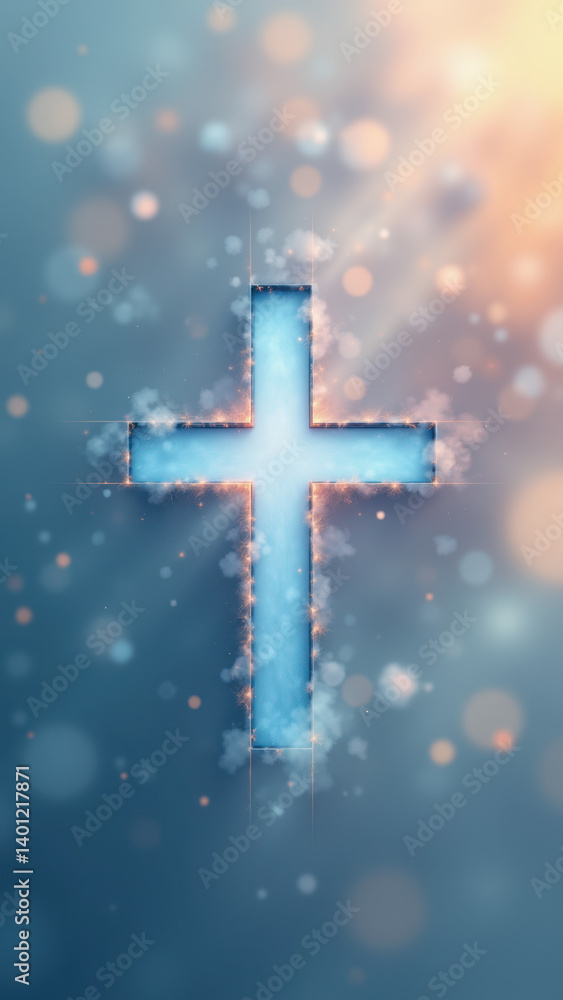 Poster radiant christian cross with light flares and bokeh effect on dark background.