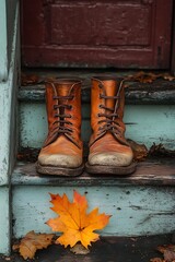 A pair of old, worn leather boots sitting side-by-side on a dusty porch step, a fallen autumn leaf nearby, warm afternoon light, slightly high angle.