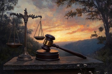Justice symbolized by scales and gavel at sunset, representing law, balance, and judgment.