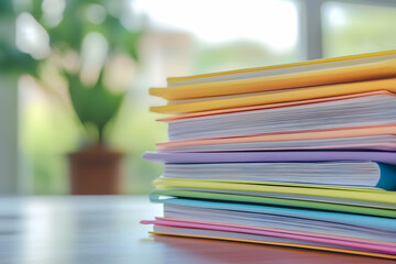 Stacked colorful magazines on a table in a bright modern setting with natural light