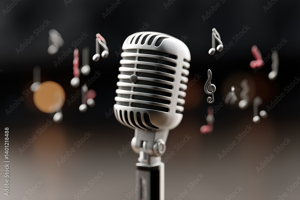 Poster vintage microphone with musical notes floating around during a live performance in an intimate setti