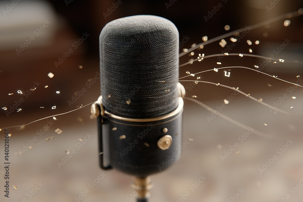Poster microphone capturing sound waves with floating musical notes in a creative studio environment