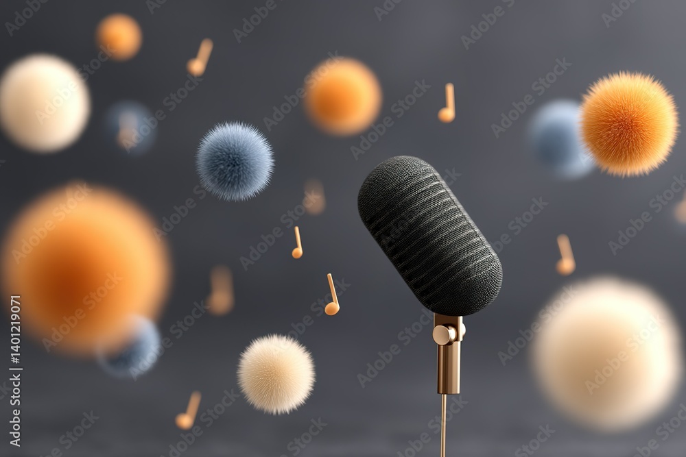 Poster music notes and colorful sound particles surround a microphone in a creative visual representation o