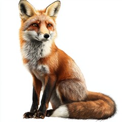 Obraz premium Realistic depiction of a sitting red fox with vibrant fur and expressive eyes in a naturalistic pose against a plain background