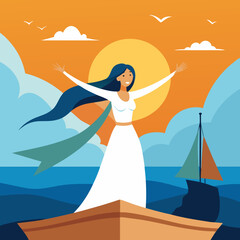 Vector art illustration of a girl standing on the front of a ship