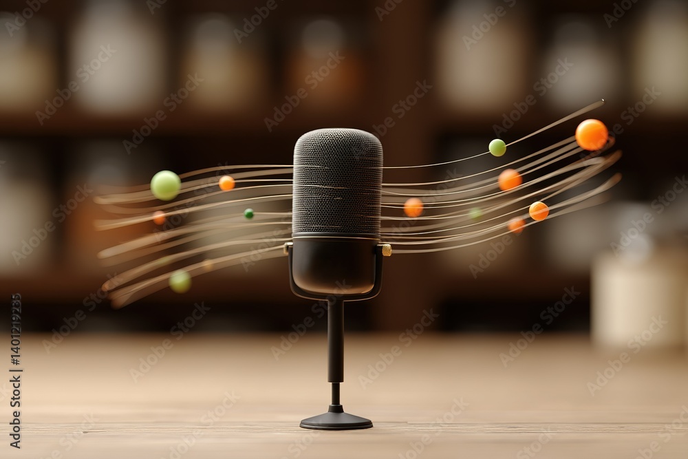 Poster creative microphone with floating colorful orbs against a blurred background of laboratory elements