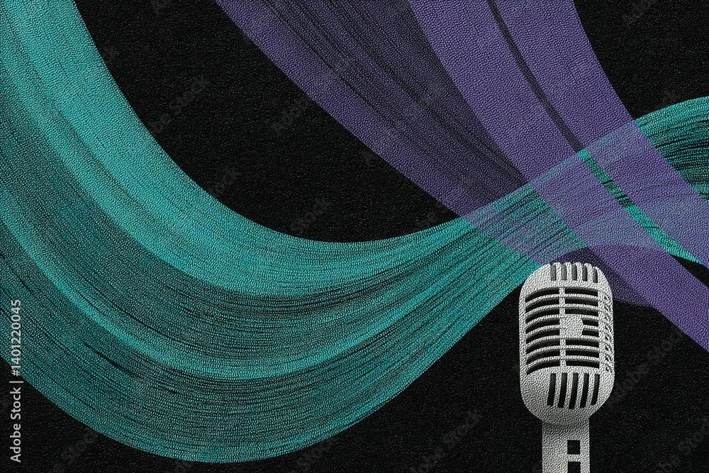 Poster creative abstract design featuring a microphone with flowing colorful patterns in a vibrant setting