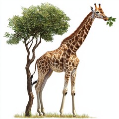 Fototapeta premium Giraffe Standing Beside a Tree, Grazing on Leaves in a Beautiful Natural Environment with Bright Colors and Clear Details