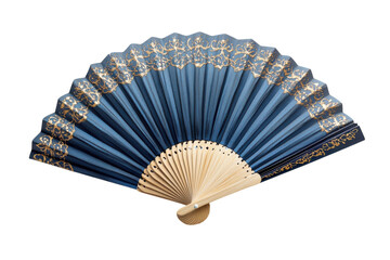 Elegant blue hand fan with gold detailing isolated on black background A on transparent background