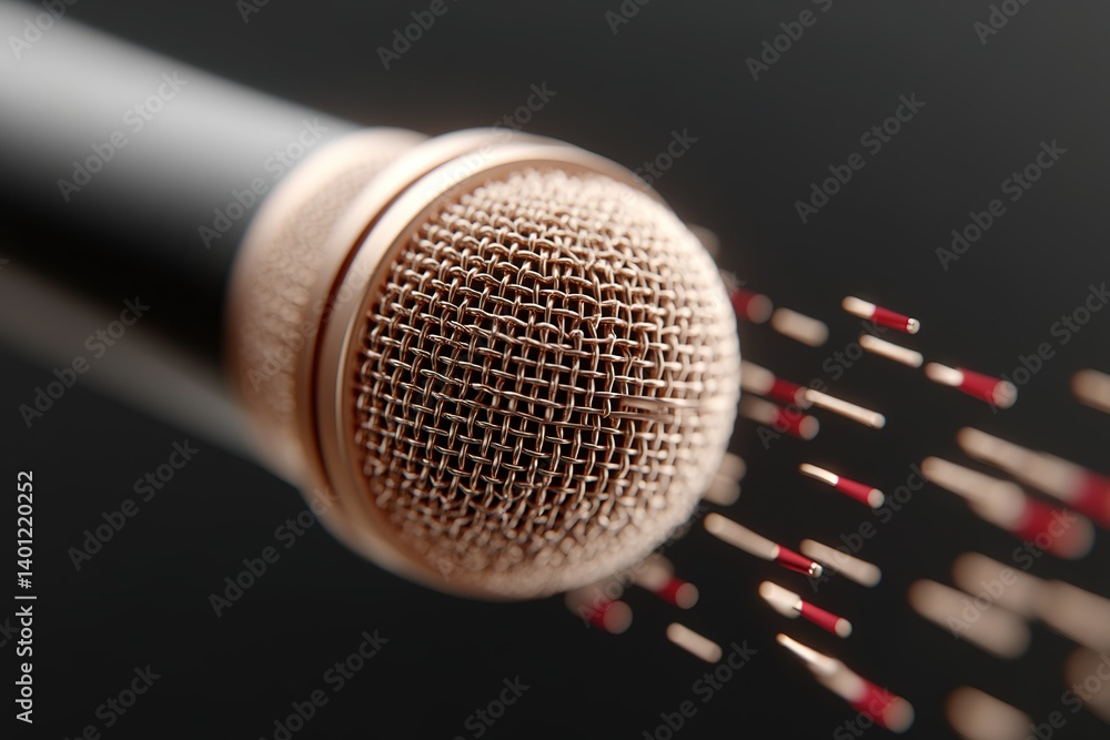 Poster close-up of a microphone with sound waves dispersing in a dark background during a musical performan