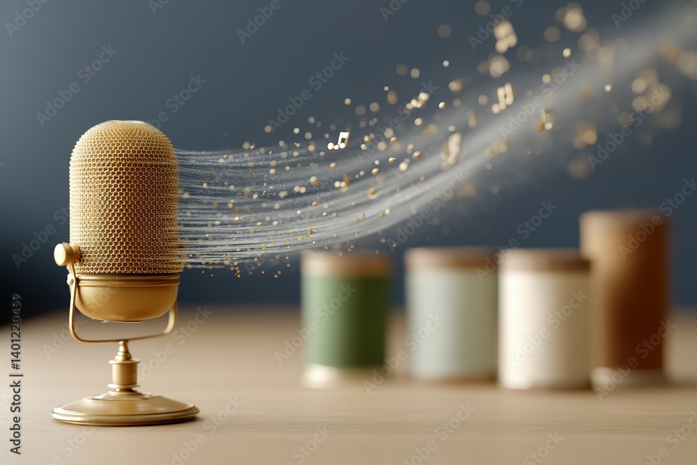 Poster golden microphone emits musical notes in creative sound environment with colorful jars in background