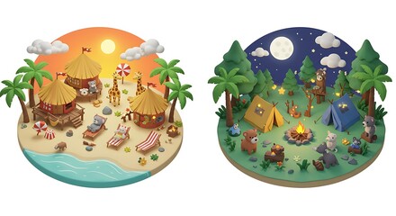 Two Dioramic Vignettes: Beach Huts at Sunset & Forest Camping Under Moonlight