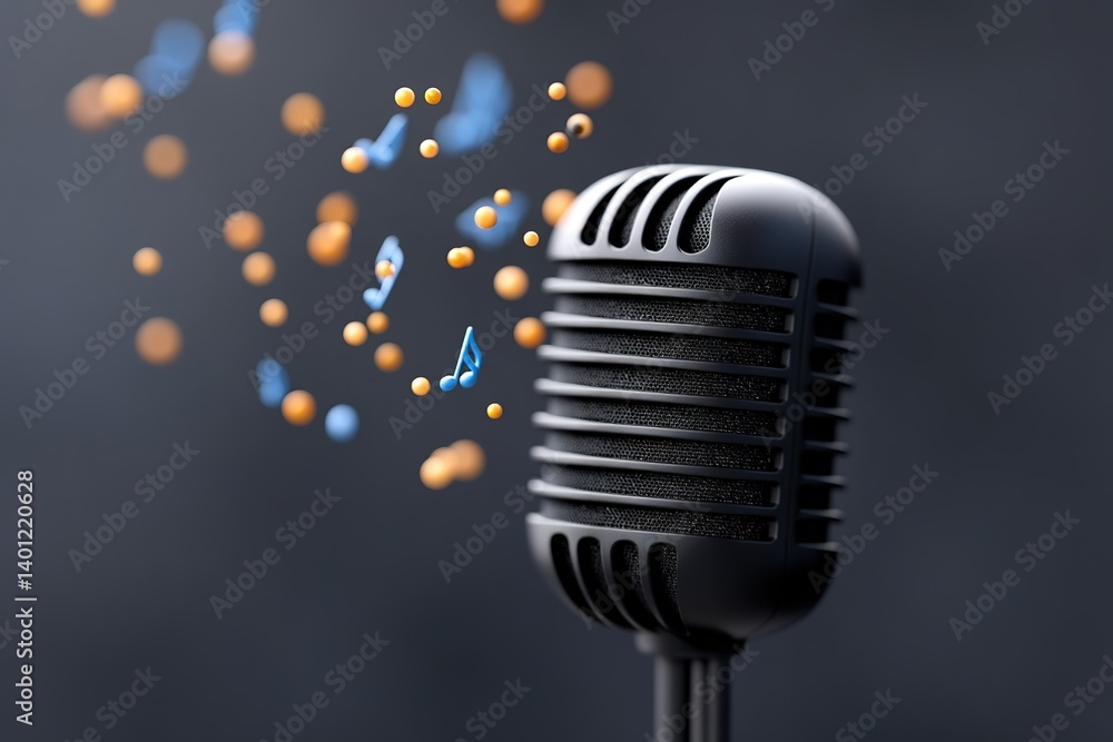 Poster classic microphone with floating music notes in a dynamic artistic display