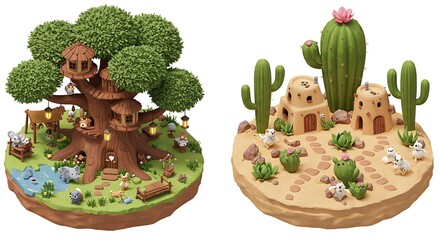 Fototapeta premium Miniature Treehouse & Desert Village Dioramas: Whimsical Clay Landscapes